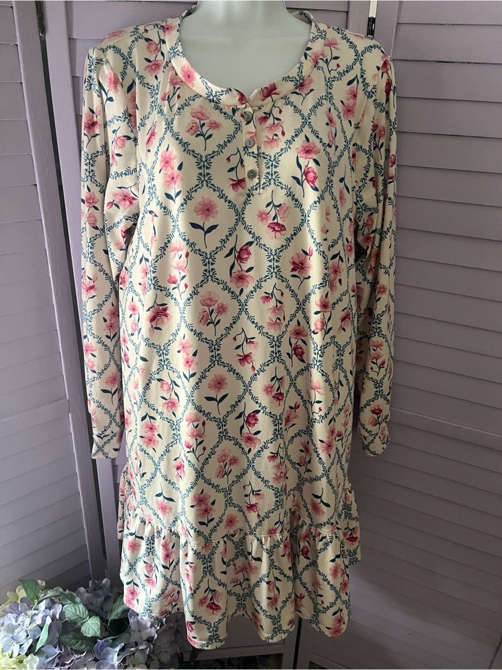 ELLEN TRACY Cream Floral Long-Sleeve Ruffle Hem SLEEPWEAR Women's M